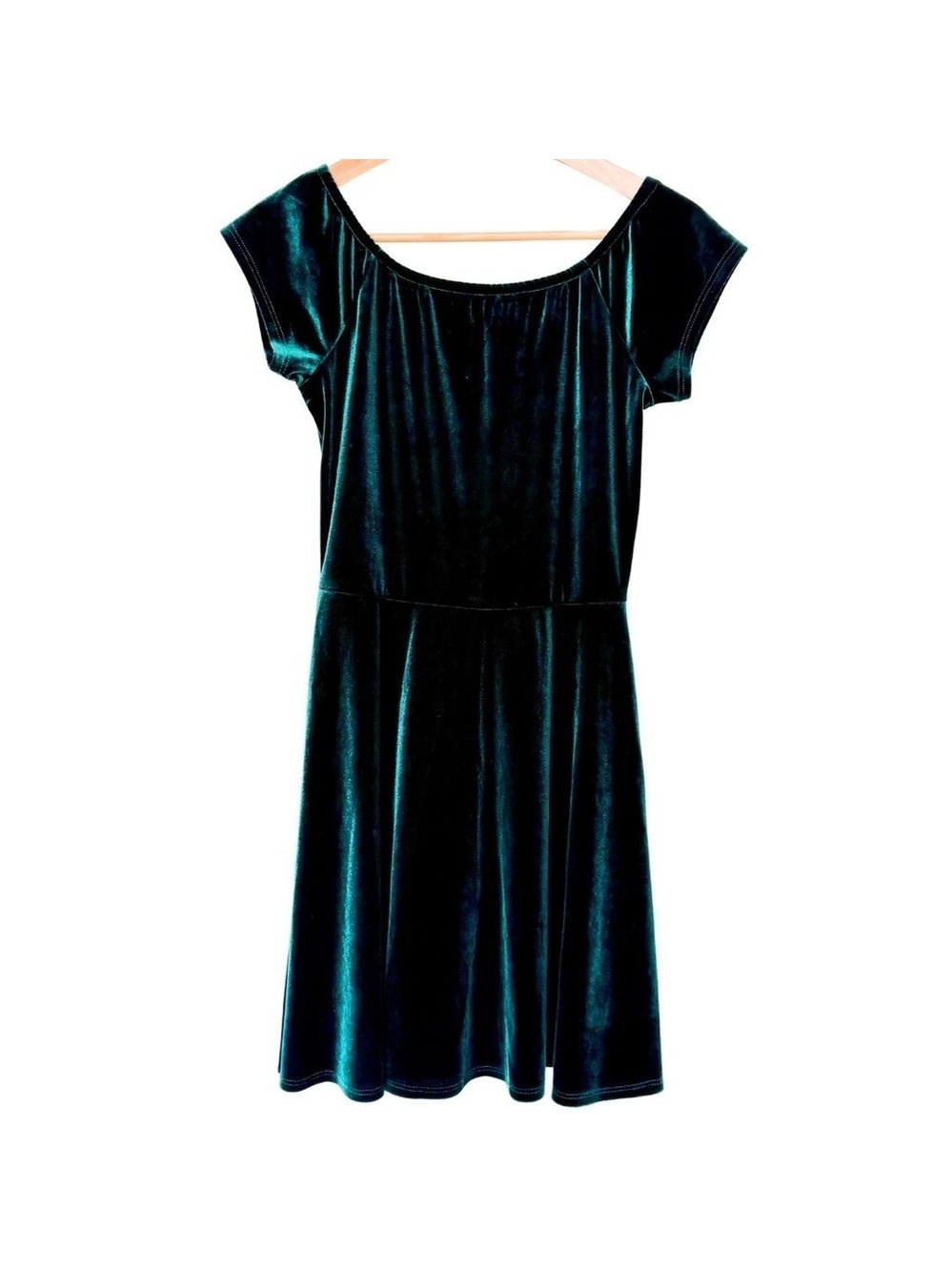 Jolie A-Line Mini Dress Cap Sleeve Fit & Flare Emerald Green Velour S 90s Y2K
